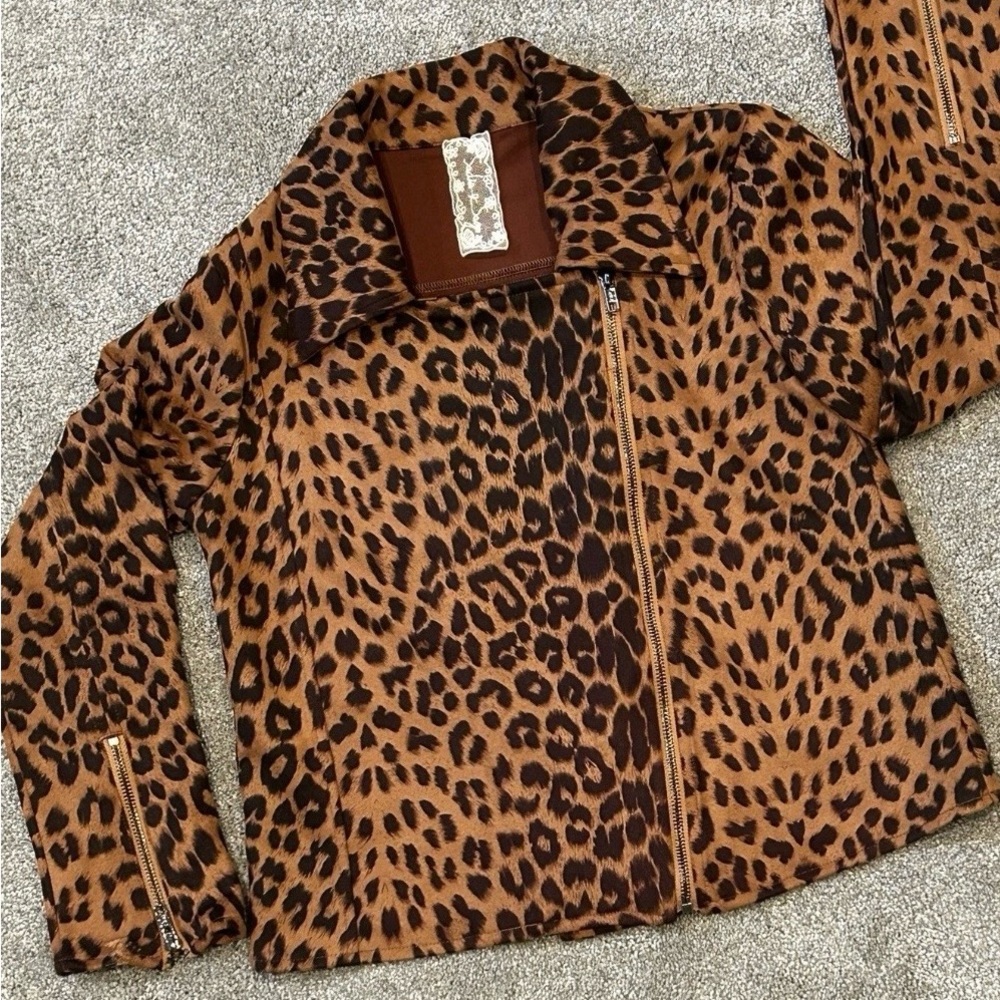 Sadie & Sage Womens Biker Moto Jacket Asymmetrical Zip Leopard Print Sm.